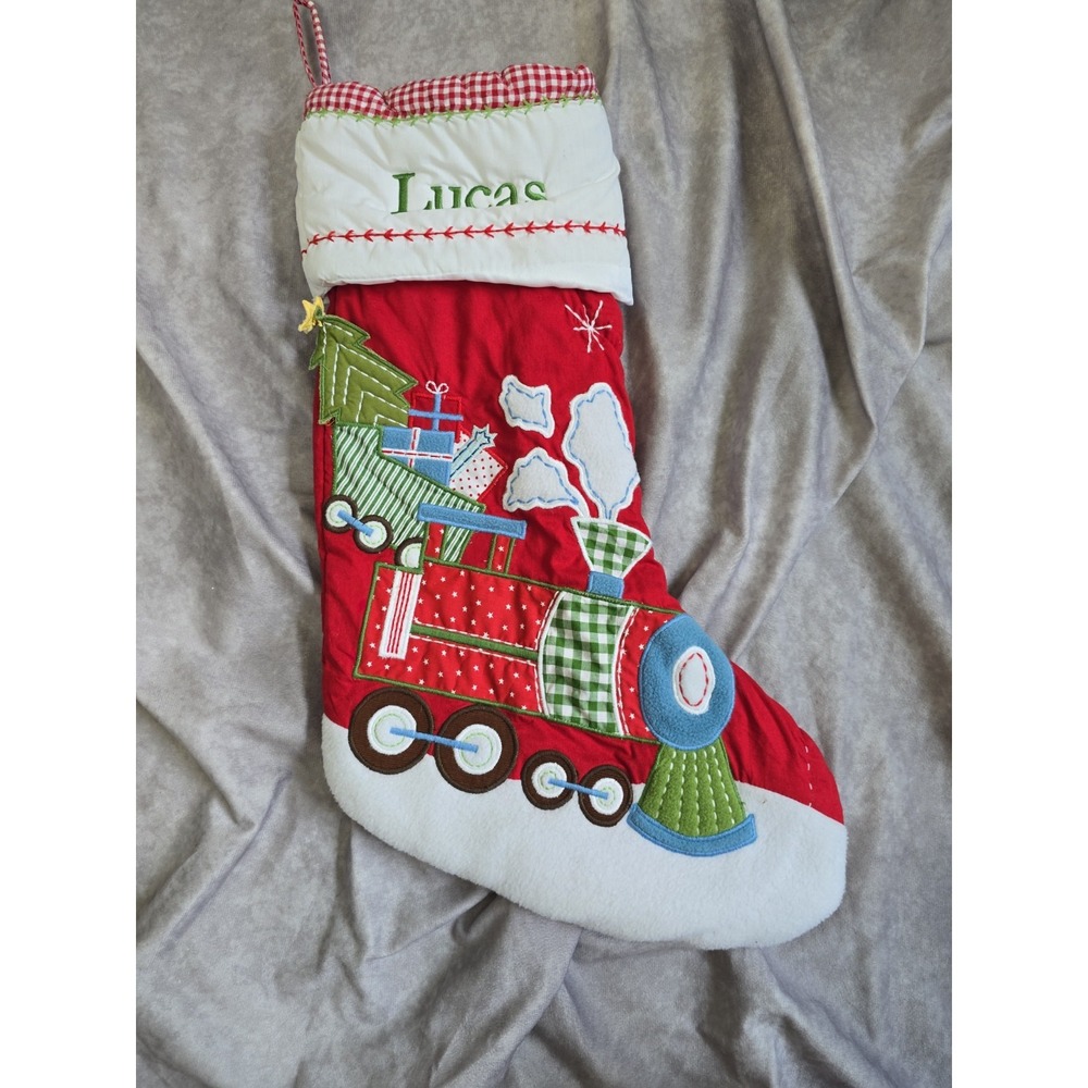 Pottery Barn Kids Red Gingham Quilted Train Christmas Stocking Mono LUCAS